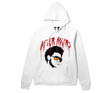 White pullover hoodie with "After Hours" graphic and The Weeknd's portrait.