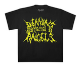 Black t-shirt with yellow "Demons Protected By Angels" graphic and "NAV" logo.