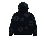 Denim Tears black hooded sweatshirt with a monochrome cotton wreath pattern.