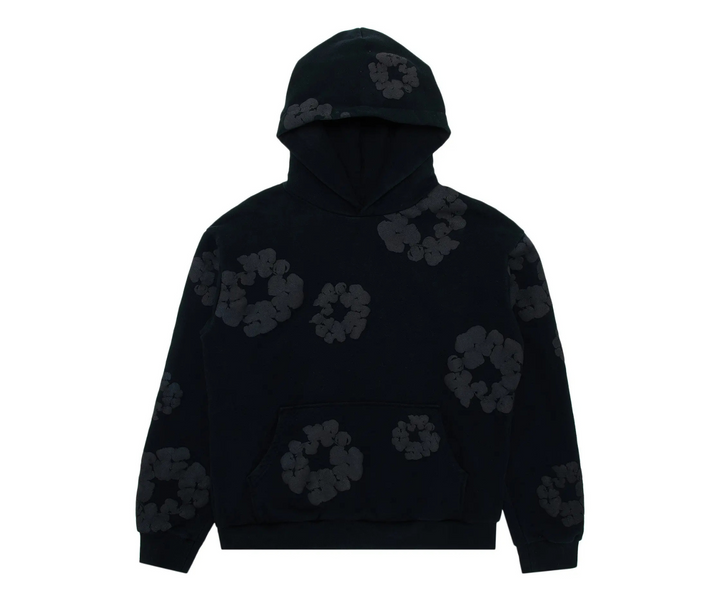 Denim Tears black hooded sweatshirt with a monochrome cotton wreath pattern.