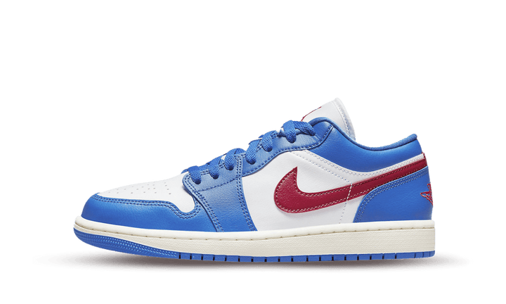 Air Jordan 1 Low 'Sport Blue' sneaker with white, blue, and red accents.