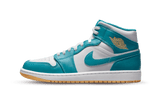 Air Jordan 1 Mid 'Aquatone' sneakers in turquoise and white.