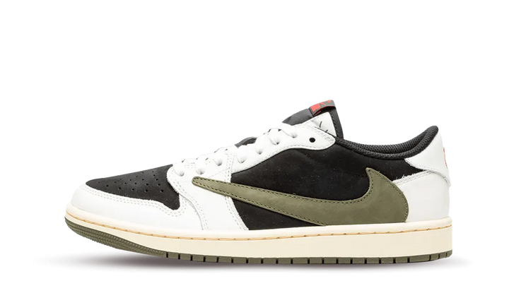 Air Jordan 1 Retro Low OG SP x Travis Scott Olive sneaker with white, black, and olive accents.