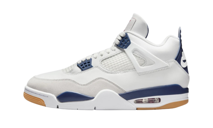 Jordan 4 Retro SB Navy sneaker with white leather and navy accents.