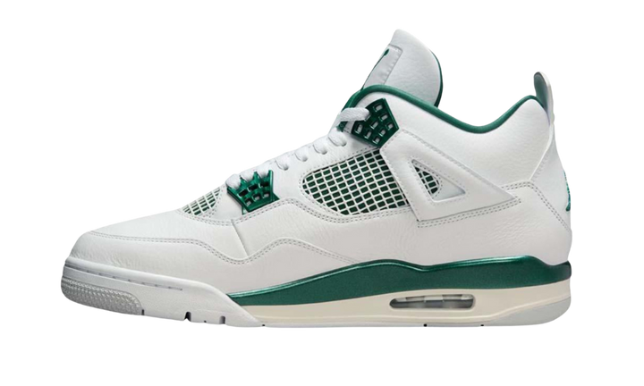 Air Jordan 4 Retro Oxidized Green sneaker in white with green accents.