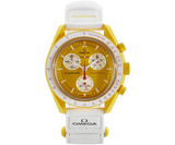 Swatch x Omega Bioceramic Moonswatch Mission to the Sun watch with yellow dial and white strap.