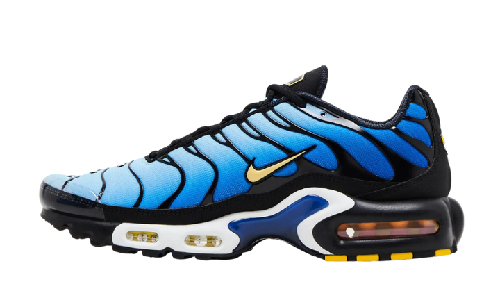 Nike Air Max Plus Hyper Blue 2025 cipő kék, fekete és arany színben.