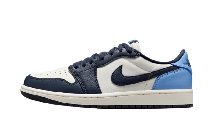 Air Jordan 1 Low OG Obsidian UNC sneaker with white, navy, and light blue accents.