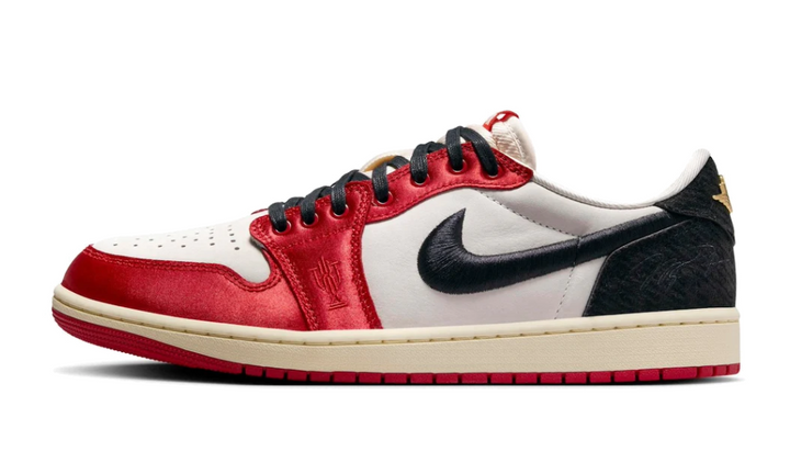 Air Jordan 1 Retro Low OG Trophy Room Away sneaker with red and white accents.
