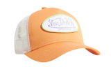 Orange and beige Von Dutch trucker cap with oval logo.