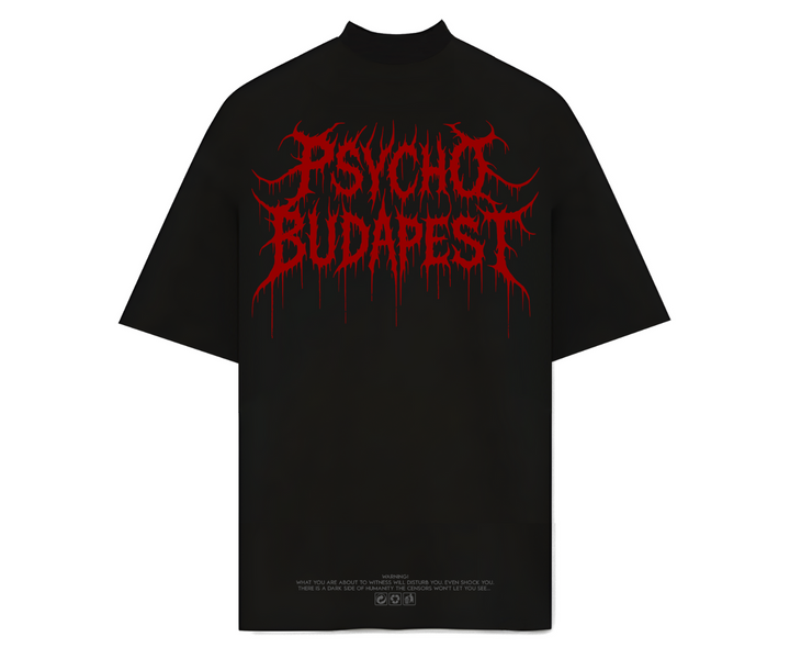 Fekete póló piros "Psycho Budapest" felirattal.