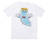 White t-shirt with a cartoon ghost graphic wearing a hat and bow tie.