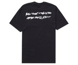 Black Supreme t-shirt with white text on the back.