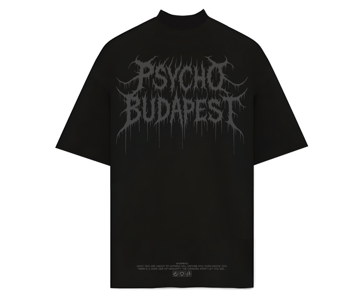 Psycho Budapest szürke fém logós fekete póló.