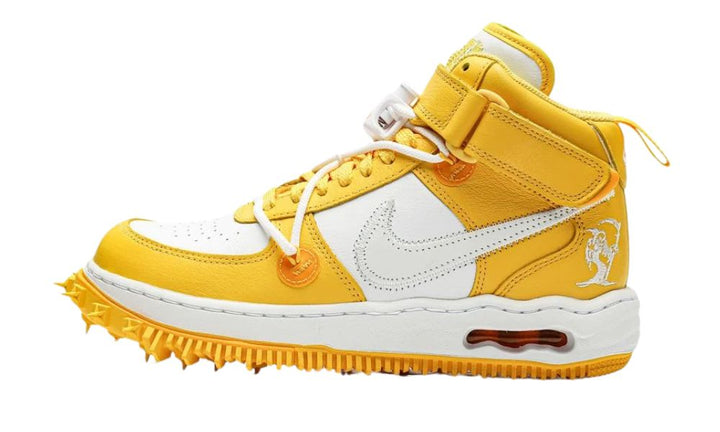 Nike Air Force 1 Mid Off-White Varsity Maize sneaker with spikes.