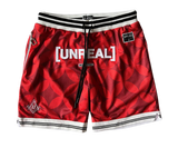 UNREAL Team Shorts piros színben, mintás mintával és hímzett logóval.