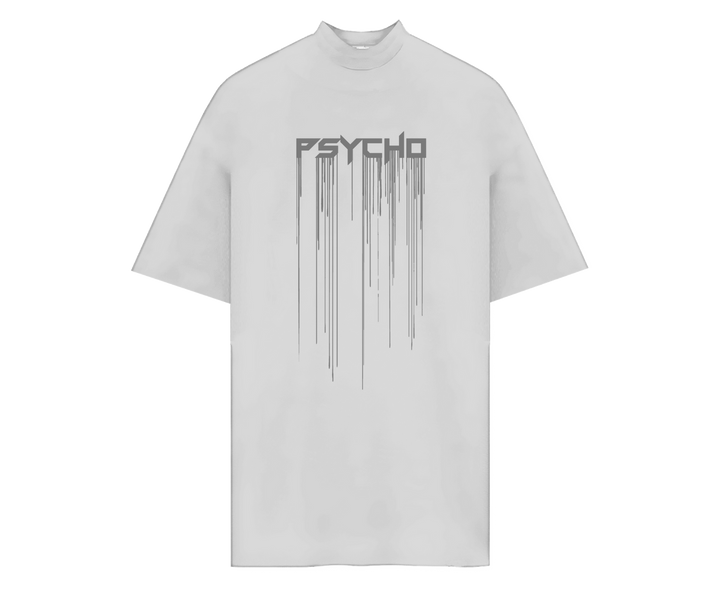 Fehér póló "PSYCHO" felirattal és ezüst cseppmintával.