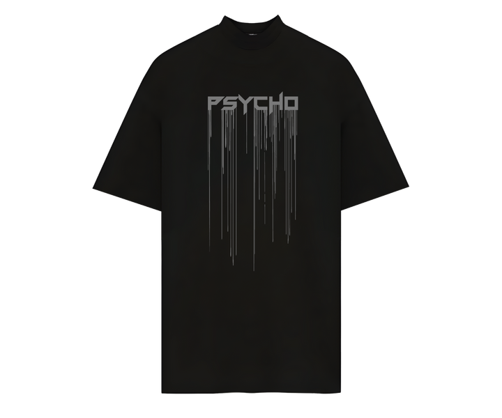 Fekete póló ezüst "PSYCHO" felirattal és cseppmintával.