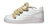 Nike Air Force 1 white sneaker with unique fuzzy tan laces.