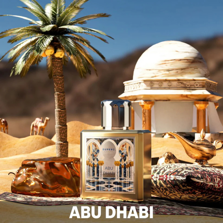 Superz Abu Dhabi parfümös üveg sivatagi környezetben.