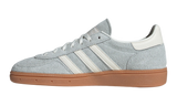 Adidas Handball Spezial szürke velúr cipő fehér csíkokkal és gumitalppal.
