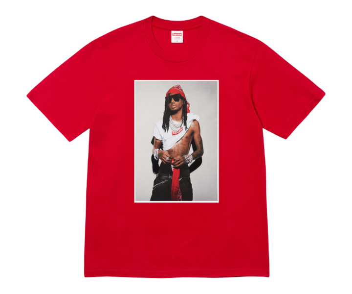 Red Supreme t-shirt with a Playboi Carti graphic print.