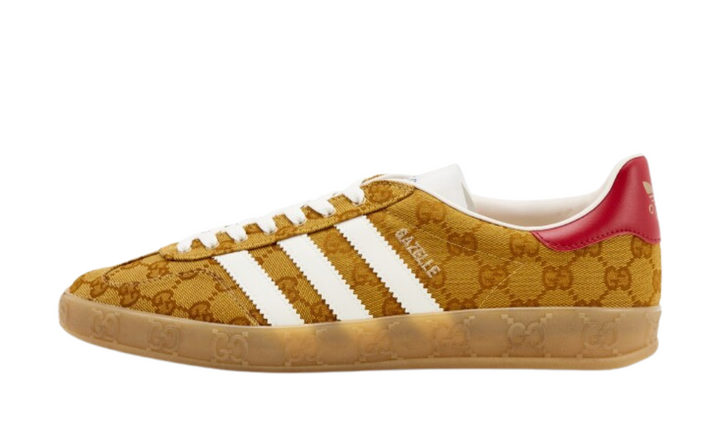 Adidas Gazelle Gucci Original GG beige and brown monogram sneakers with white stripes.