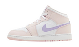 Air Jordan 1 Mid GS 'Pink Wash' sneakers with white and pink panels and a purple swoosh.