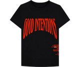 Fekete Vlone póló piros "Good Intentions" felirattal.