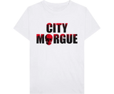 White t-shirt with "CITY MORGUE" text and a skull graphic.