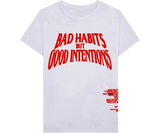 Fehér Vlone póló "Bad Habits But Good Intentions" felirattal.