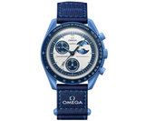Swatch x Omega Bioceramic Moonswatch Mission to the Super Blue Moonphase watch with blue strap and dial.