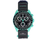 Swatch x Omega Bioceramic Moonswatch Mission On Earth Polar Lights watch with a black dial and teal accents.