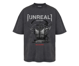 Washed black t-shirt with "UNREAL INDUSTRIES" graphic and "NO ENTRY" text.