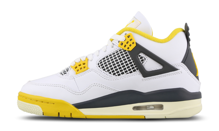 Air Jordan 4 Retro Vivid Sulfur sneaker in white with yellow and gray accents.