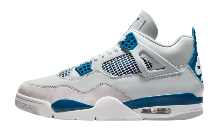 Air Jordan 4 Retro Military Blue sneaker with white, grey, and blue accents.