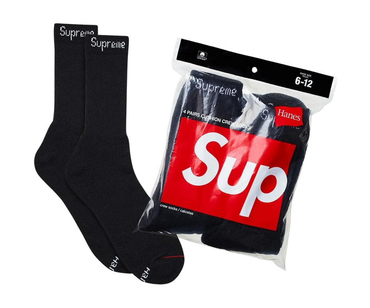 Supreme x Hanes black crew socks in a 4-pack.