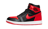 Air Jordan 1 High OG Satin Bred sneaker with black and red satin accents.