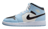 Air Jordan 1 Mid Ice Blue sneaker with light blue, white, and black leather accents.