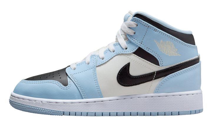 Air Jordan 1 Mid Ice Blue sneaker with light blue, white, and black leather accents.