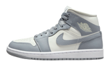 Air Jordan 1 Mid Stealth sneaker with white and grey leather accents.