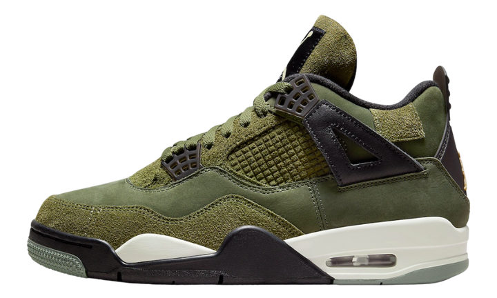 Air Jordan 4 SE Craft Olive cipő zöld velúr és bőr elemekkel.