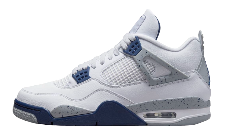 Air Jordan 4 Retro White Midnight Navy sneaker with white leather and blue accents.
