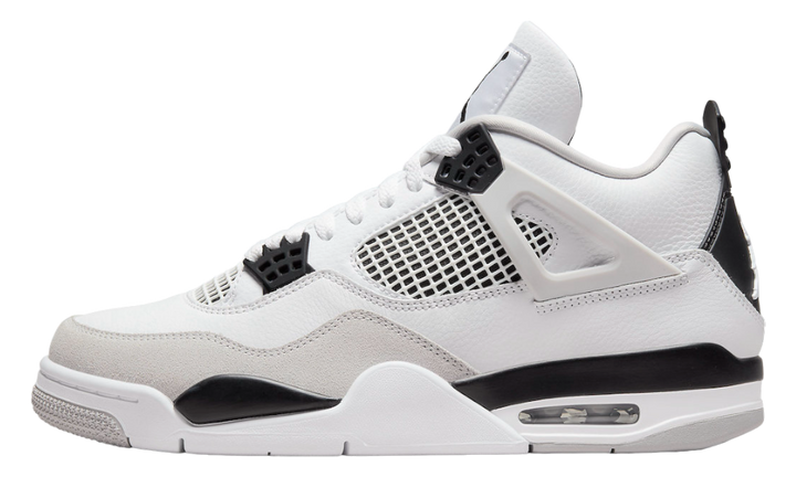 Air Jordan 4 Retro Military Black sneaker with white, grey, and black accents.