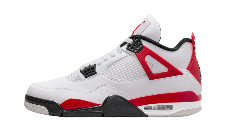 Air Jordan 4 Retro Red Cement fehér bőr cipő piros és fekete betonmintával.