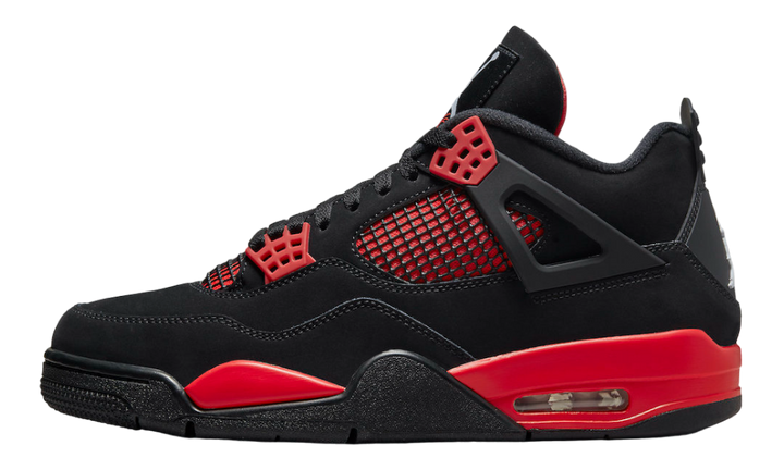 Air Jordan 4 Retro Red Thunder fekete és piros színben.