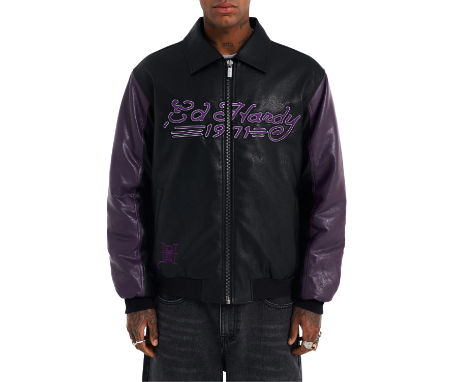 Ed Hardy Dragon and Panther Leather Breaker Jacket Black Purple