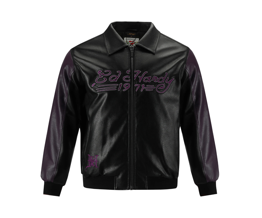 Ed Hardy Dragon and Panther Leather Breaker Jacket Black Purple