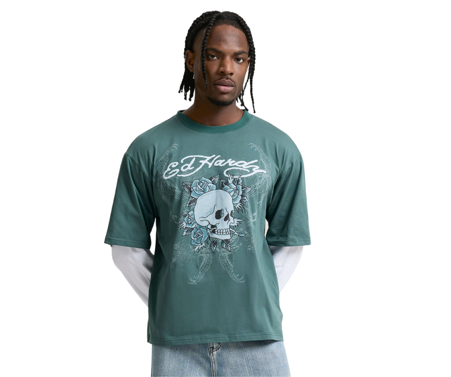 Ed Hardy 1971 Skull Double Layer Tee Blue White