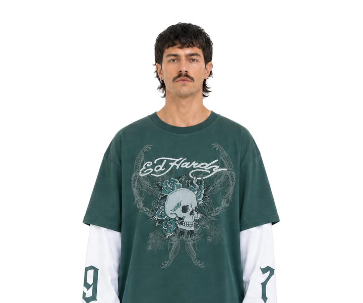 Ed Hardy 1971 Skull Double Layer Tee Blue White